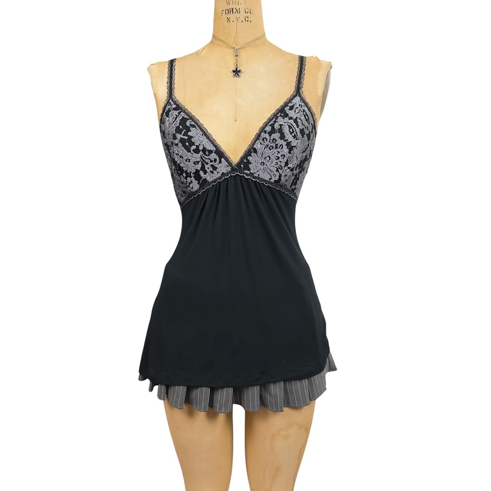 2000s Metallic Lace Trim Black Cami Express Size L Whimsigoth Y2K Dark Coquette